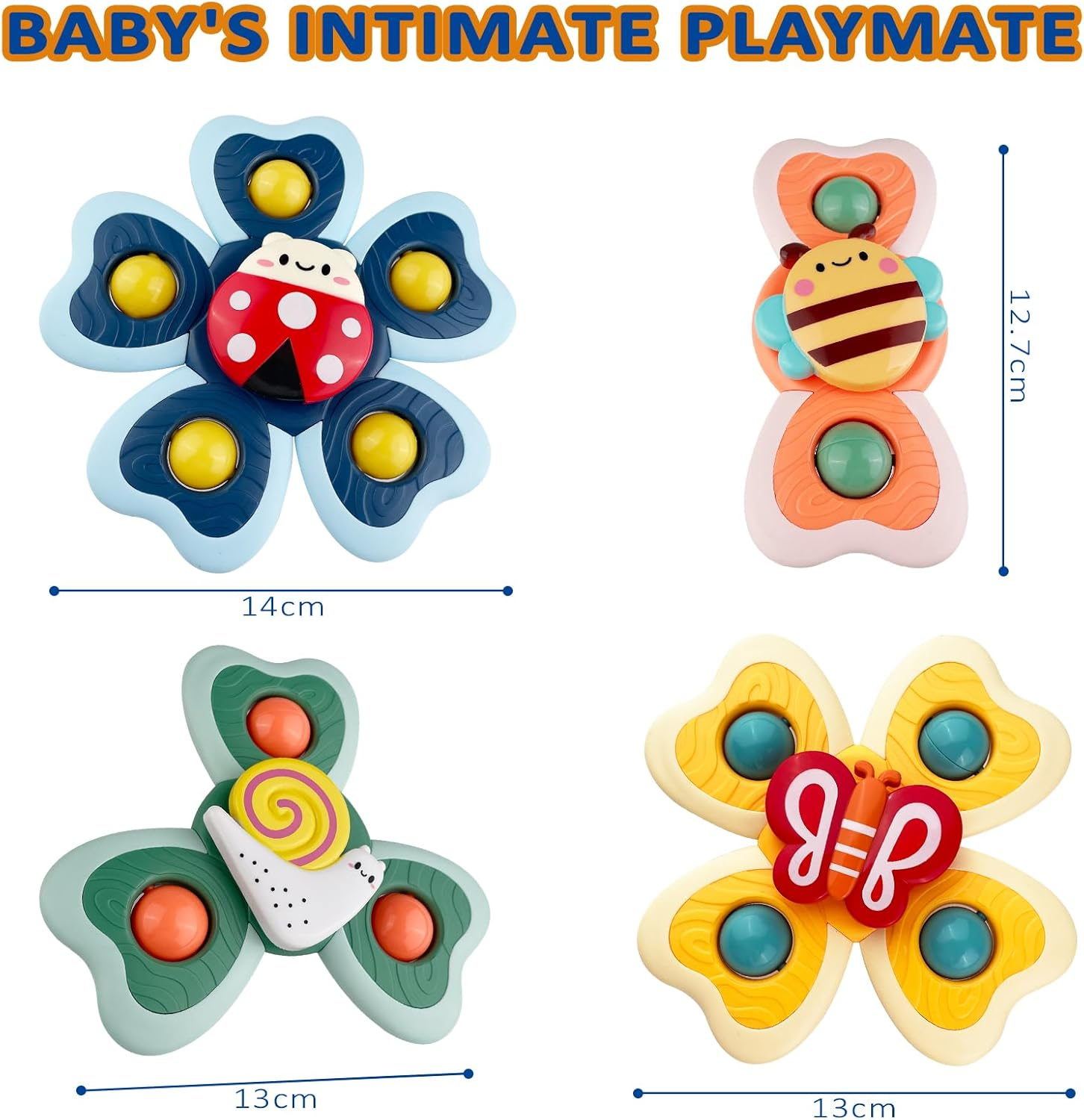 Vier Babyspielzeuge: Marienkäferblume, Biene, Schnecken-Spinner, Schmetterling. Jedes Spielzeug hat leuchtende Farben und ist zum Spielen konzipiert.