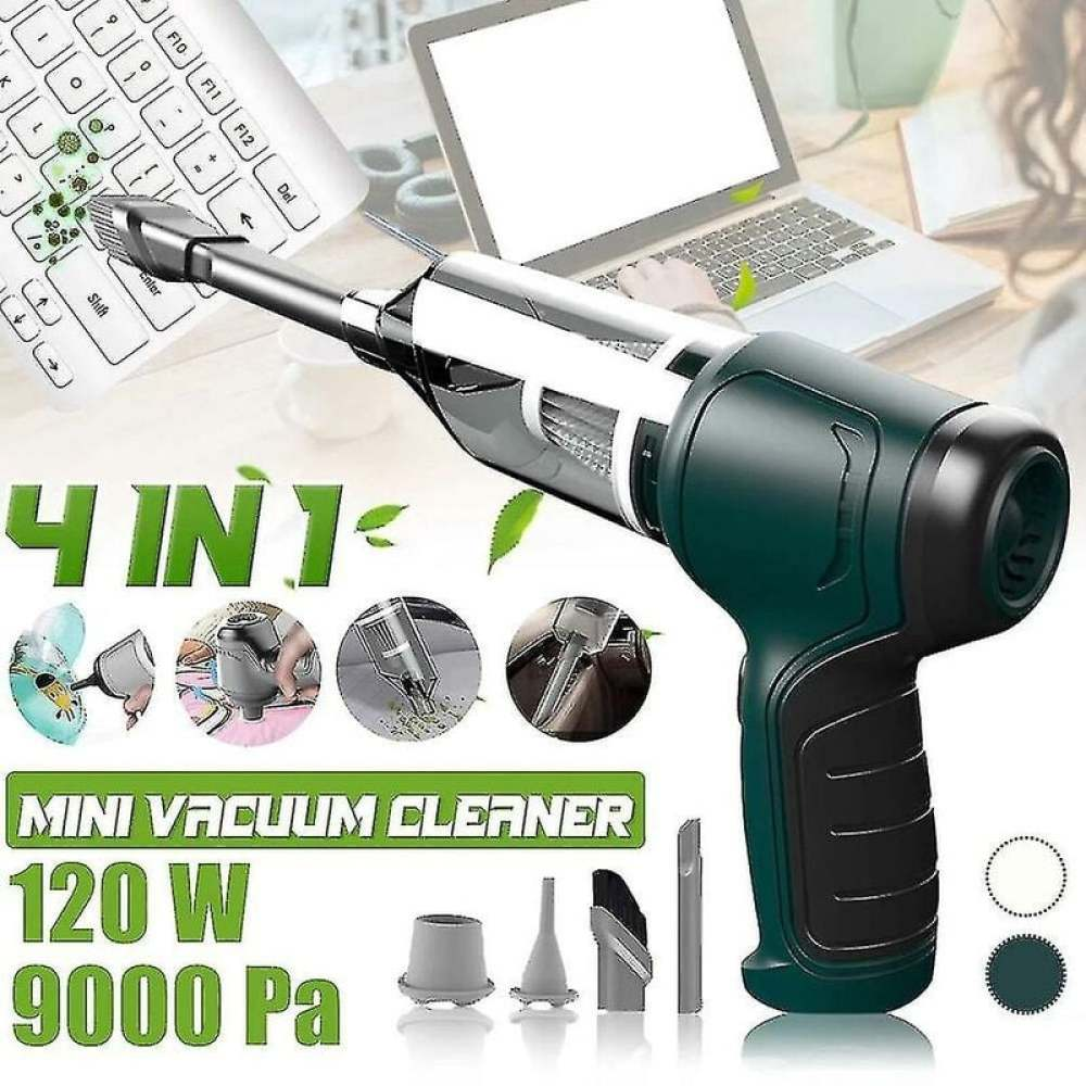 Ein grüner und schwarzer Mini-Staubsauger mit Aufsätzen, in der Nähe einer Tastatur und eines Laptops. Text: '4 in 1', 'Mini-Staubsauger'.
