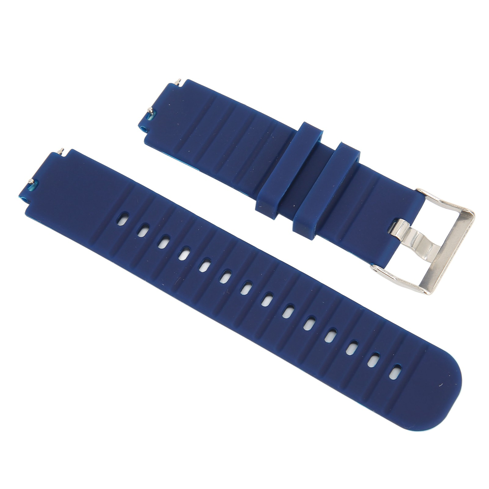 Zwei marineblaue Uhrenarmbänder mit silberner Schnalle auf weißem Hintergrund. Eines hat Löcher, das andere Schlaufen.