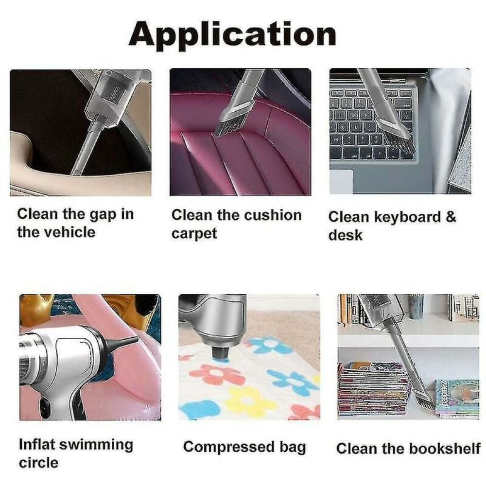 Das Bild zeigt die Anwendung eines Staubsaugers. Es zeigt die Reinigung eines Autospalts, Kissens, einer Tastatur, das Aufblasen eines Kreises, das Komprimieren einer Tasche und das Reinigen eines Bücherregals.