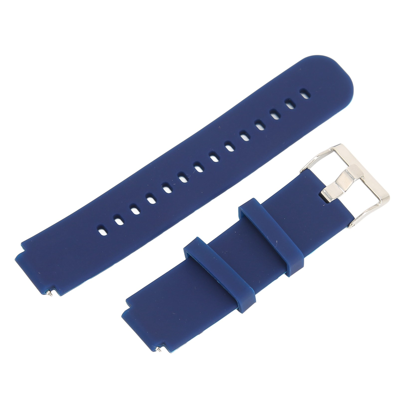 Ein dunkelblaues Uhrenarmband liegt vor weißem Hintergrund. Das Armband hat Löcher und eine silberne Schnalle.