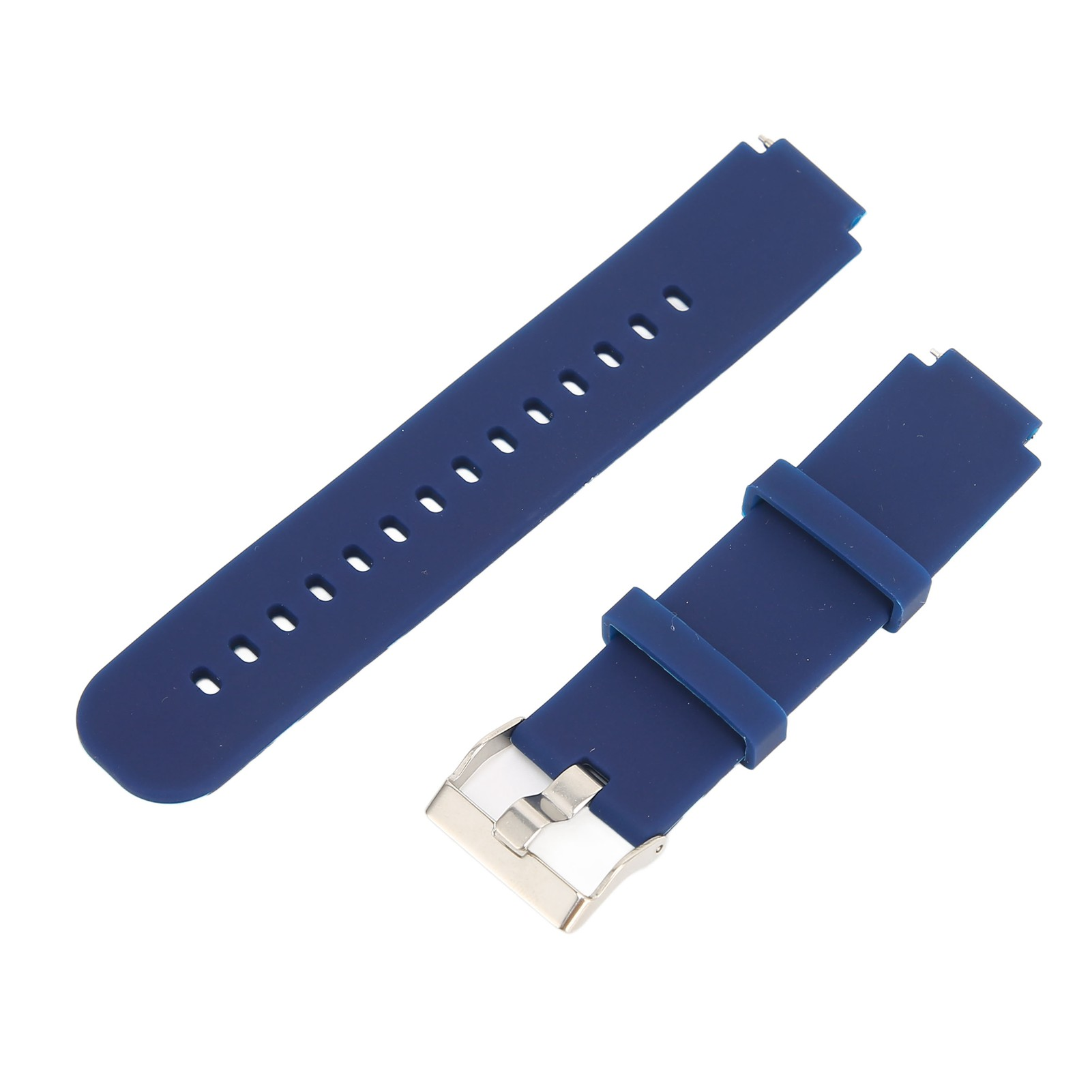 Zwei abgetrennte blaue Uhrenarmbänder auf weißem Hintergrund. Eines hat Löcher, das andere eine silberne Schnalle.
