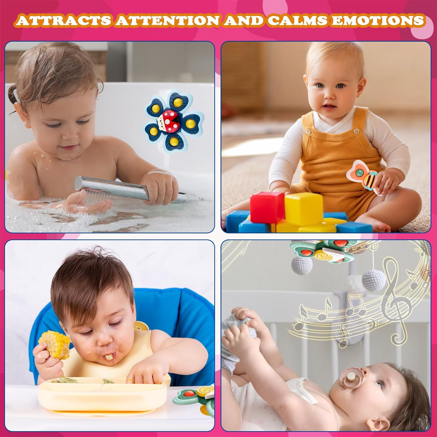 Eine Collage zeigt Babys mit Spielzeug: ein Badespielzeug, Blöcke, eine Rassel und ein Mobile. Jedes Baby ist engagiert und zufrieden.