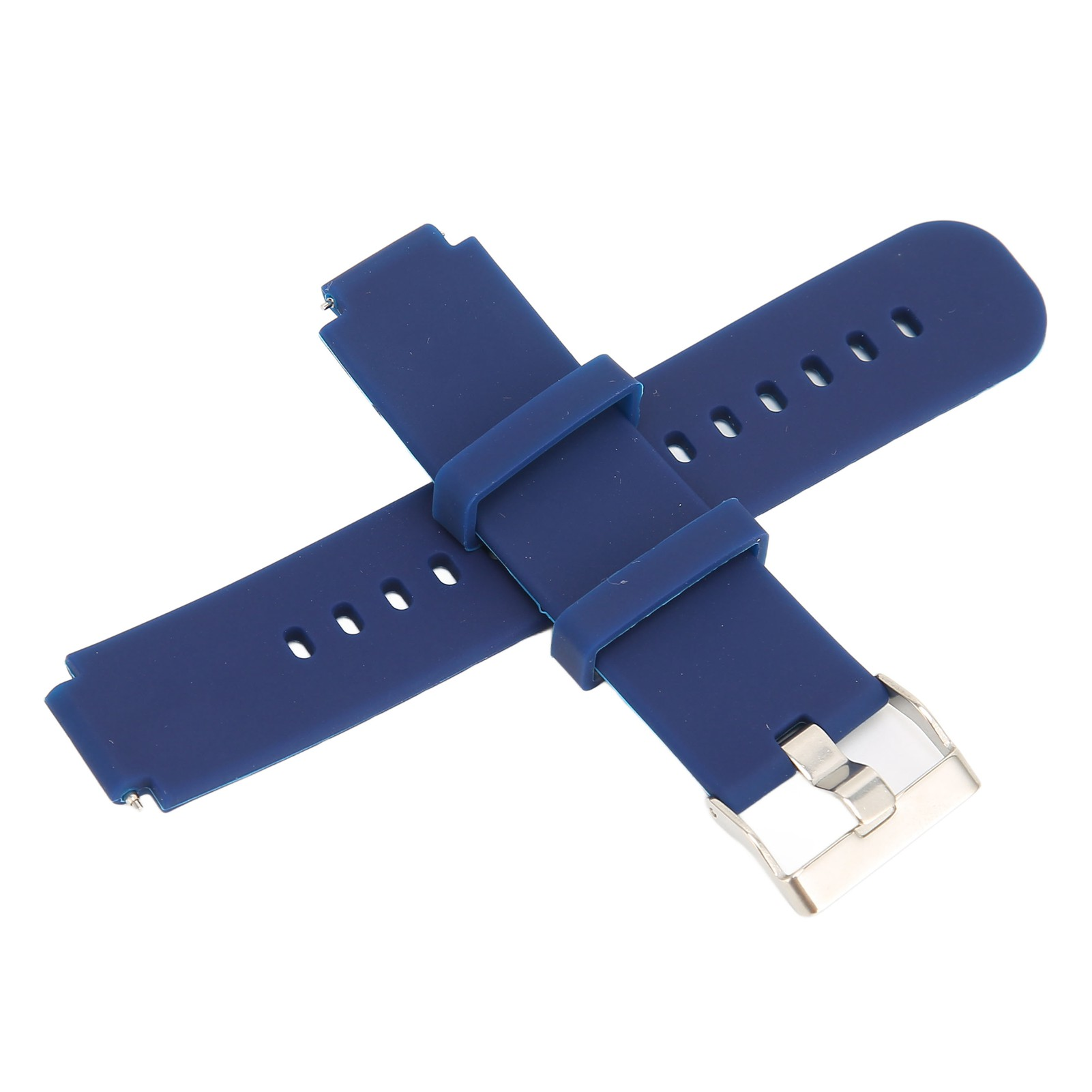 Blaues Uhrenarmband mit silberner Schnalle, Teile kreuzen sich. Auf weißem Hintergrund.