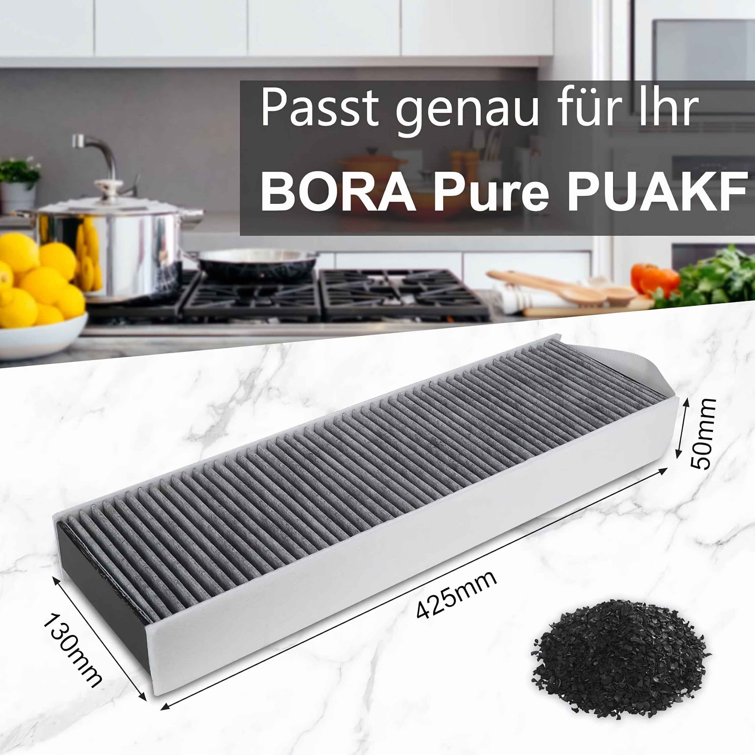 Rechteckiger Luftfilter mit Text und Abmessungen, mit einem Haufen Holzkohle im Hintergrund.