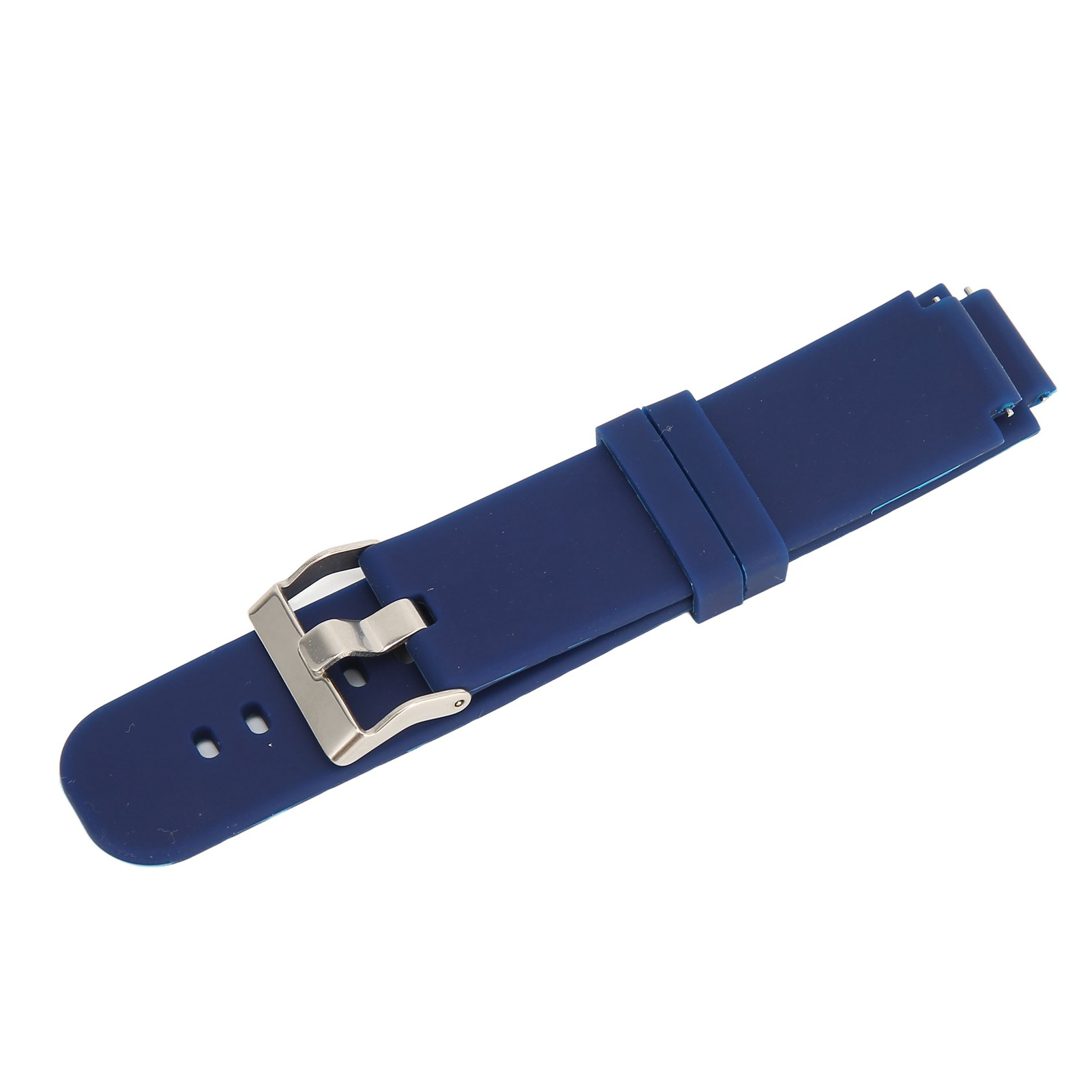 Ein dunkelblaues Uhrenarmband mit einer silbernen Schnalle liegt schräg auf einer weißen Oberfläche. Das Armband ist neu.