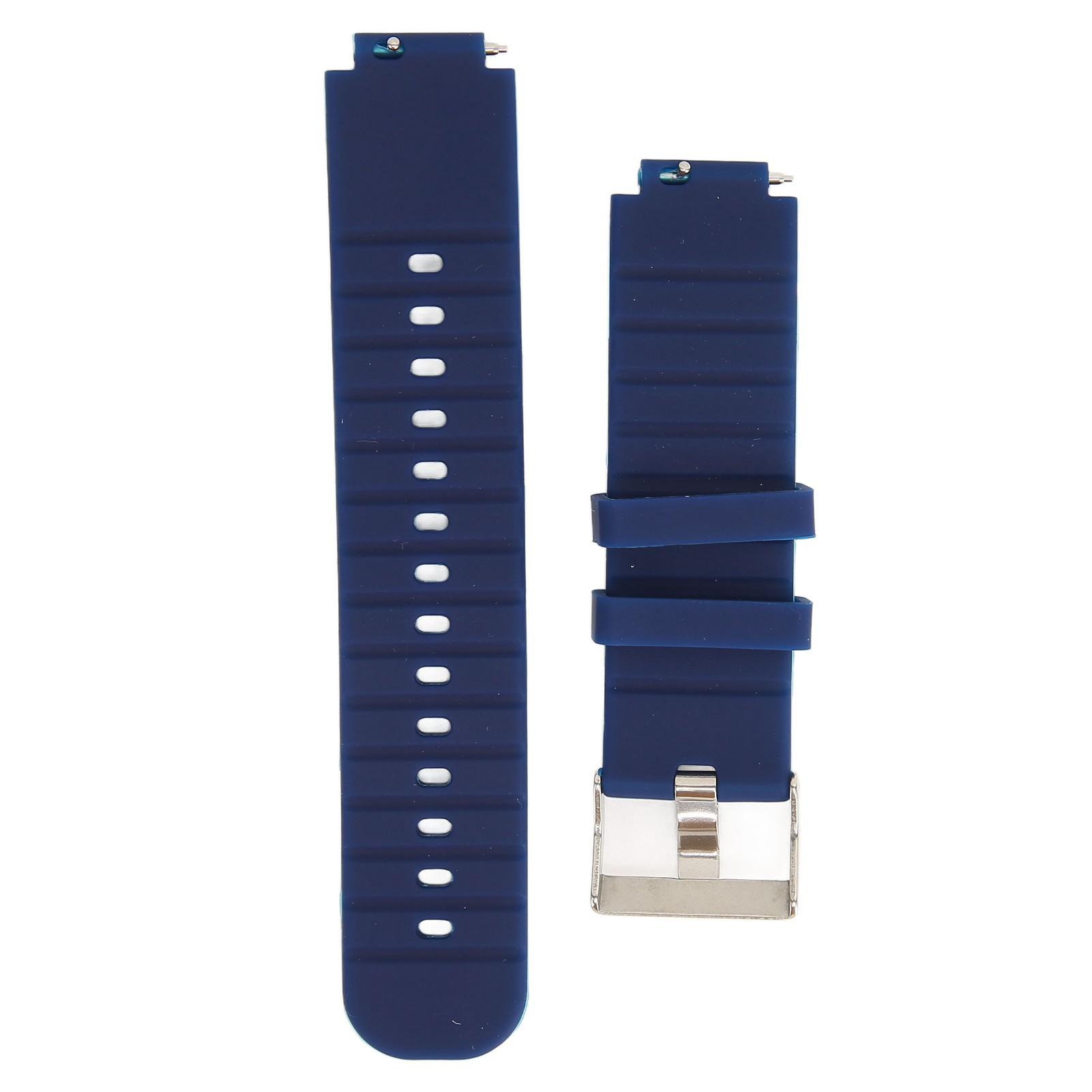 Zwei blaue Uhrenarmbänder mit weißen Nähten. Eines hat eine Schnalle. Beide sind auf weißem Hintergrund.