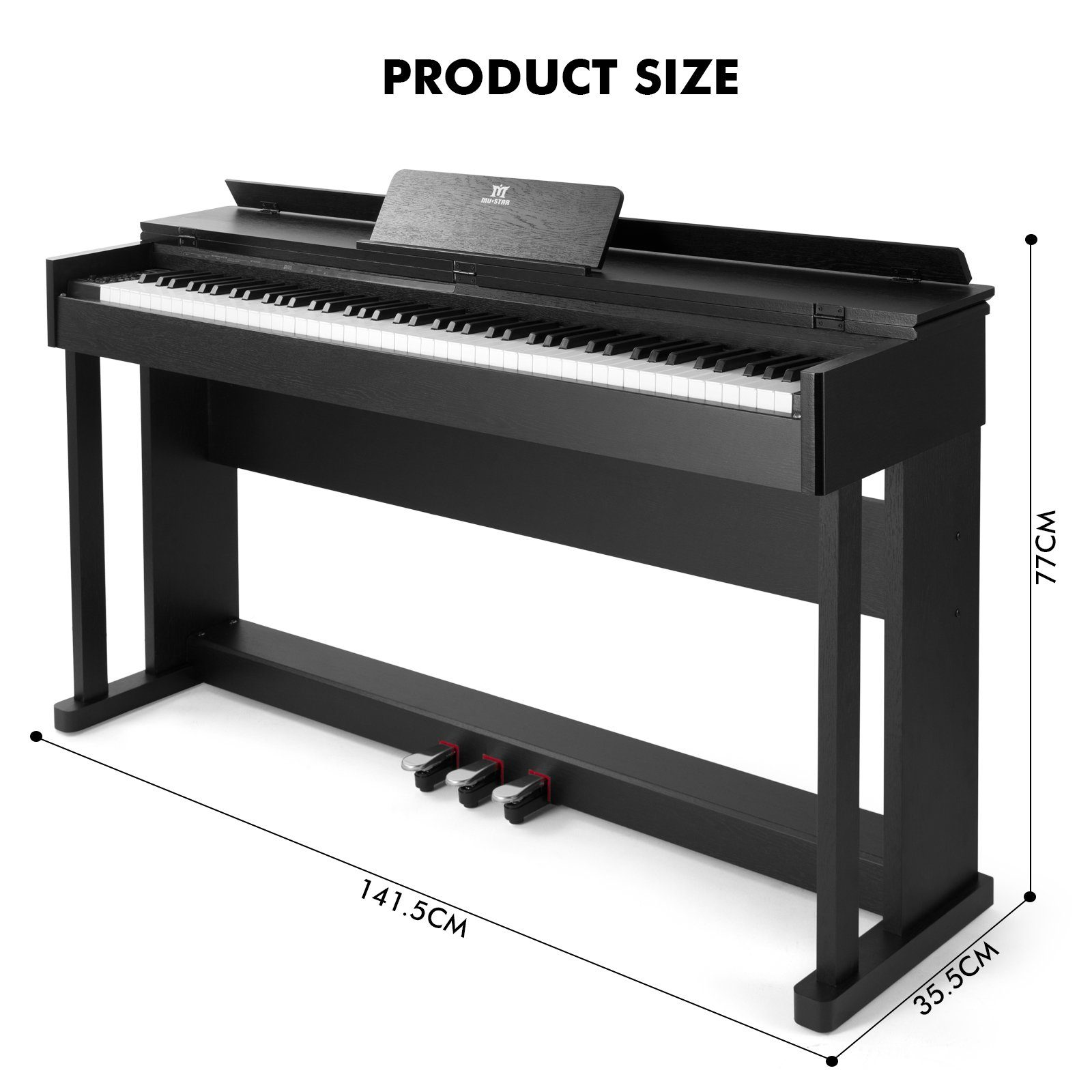 Ein schwarzes Digitalpiano mit weißen Tasten, drei Pedalen und beschrifteten Abmessungen. Es hat einen Notenständer und ein Markenlogo.