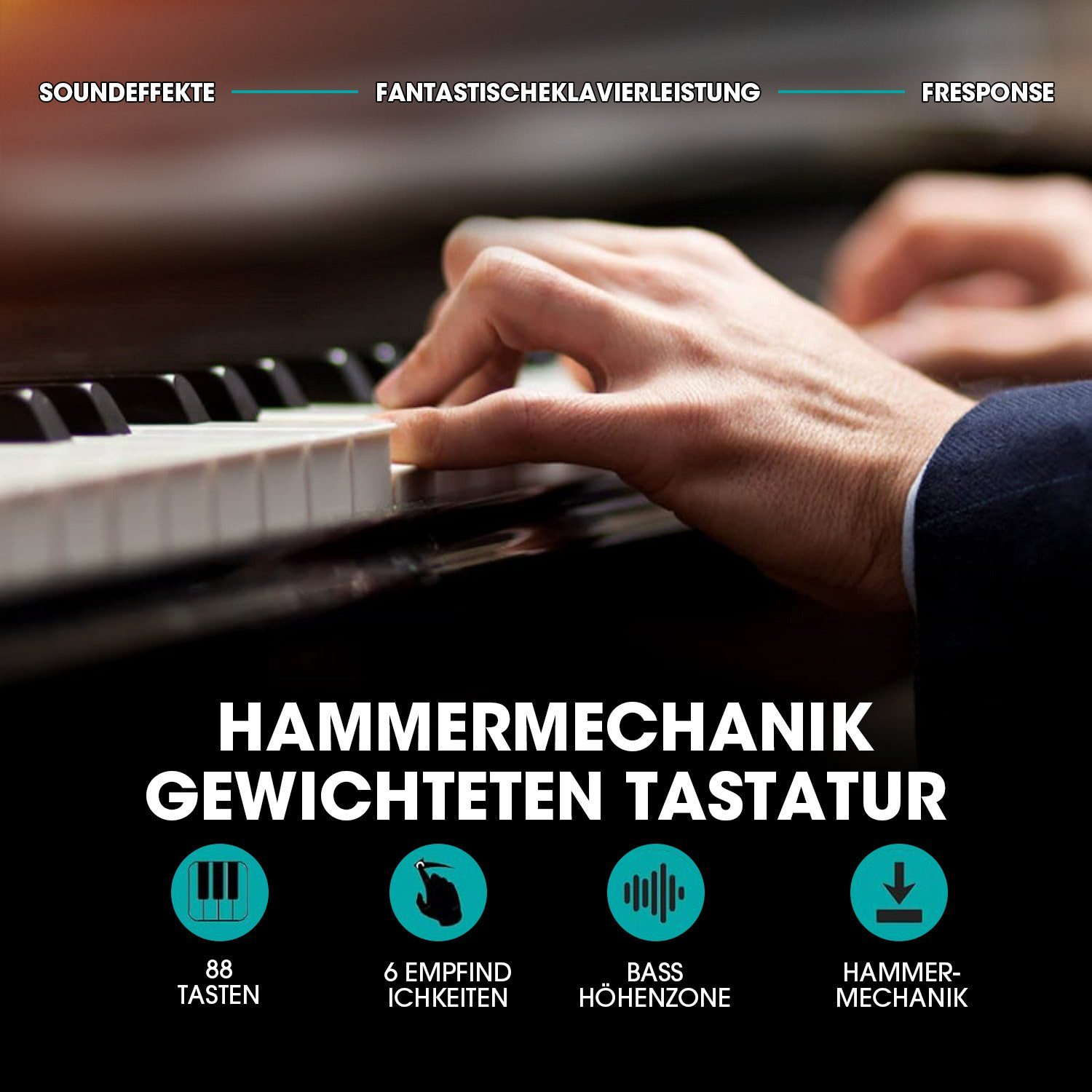 Nahaufnahme einer Person, die Klavier spielt. Die Tastatur ist sichtbar. Text: Hammermechanik, 88 Tasten.