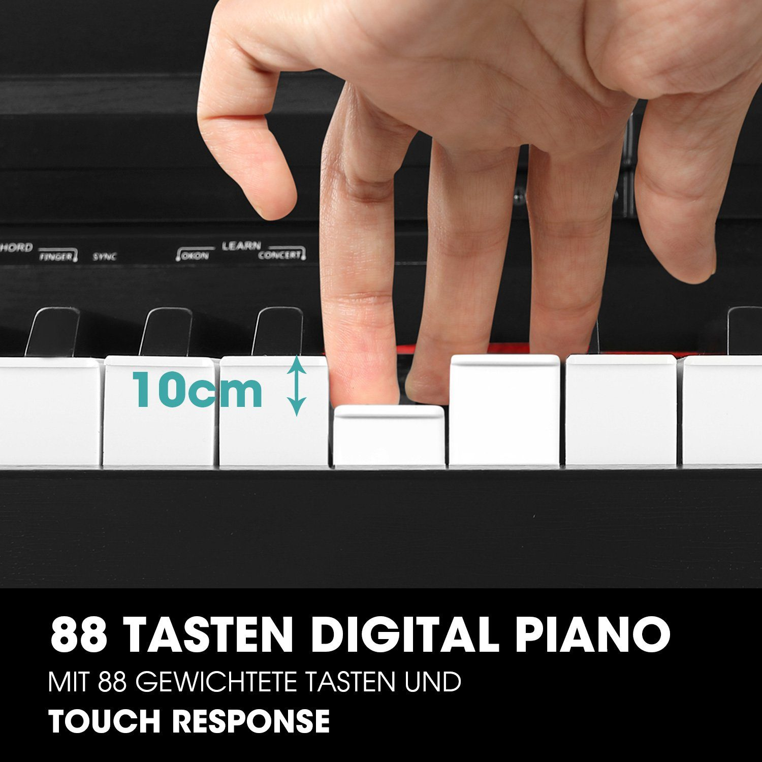 Eine Hand drückt eine weiße Klaviertaste. Der Text lautet '88 TASTEN DIGITAL PIANO' und 'TOUCH RESPONSE'.