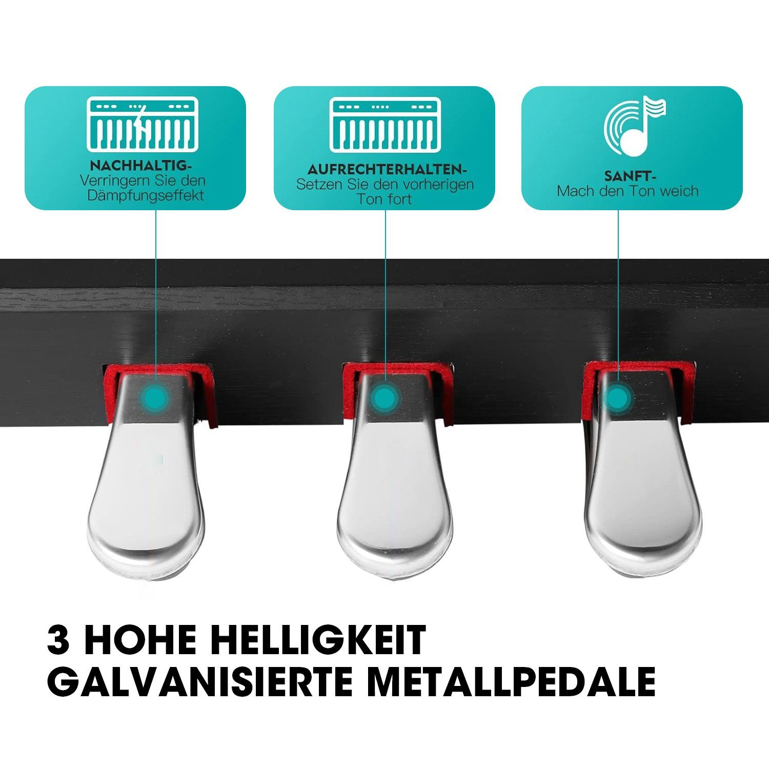 Klavierpedale mit Etiketten, die Dämpfung, Sustain und weichen Ton angeben. Metallische Pedale mit roten Akzenten.