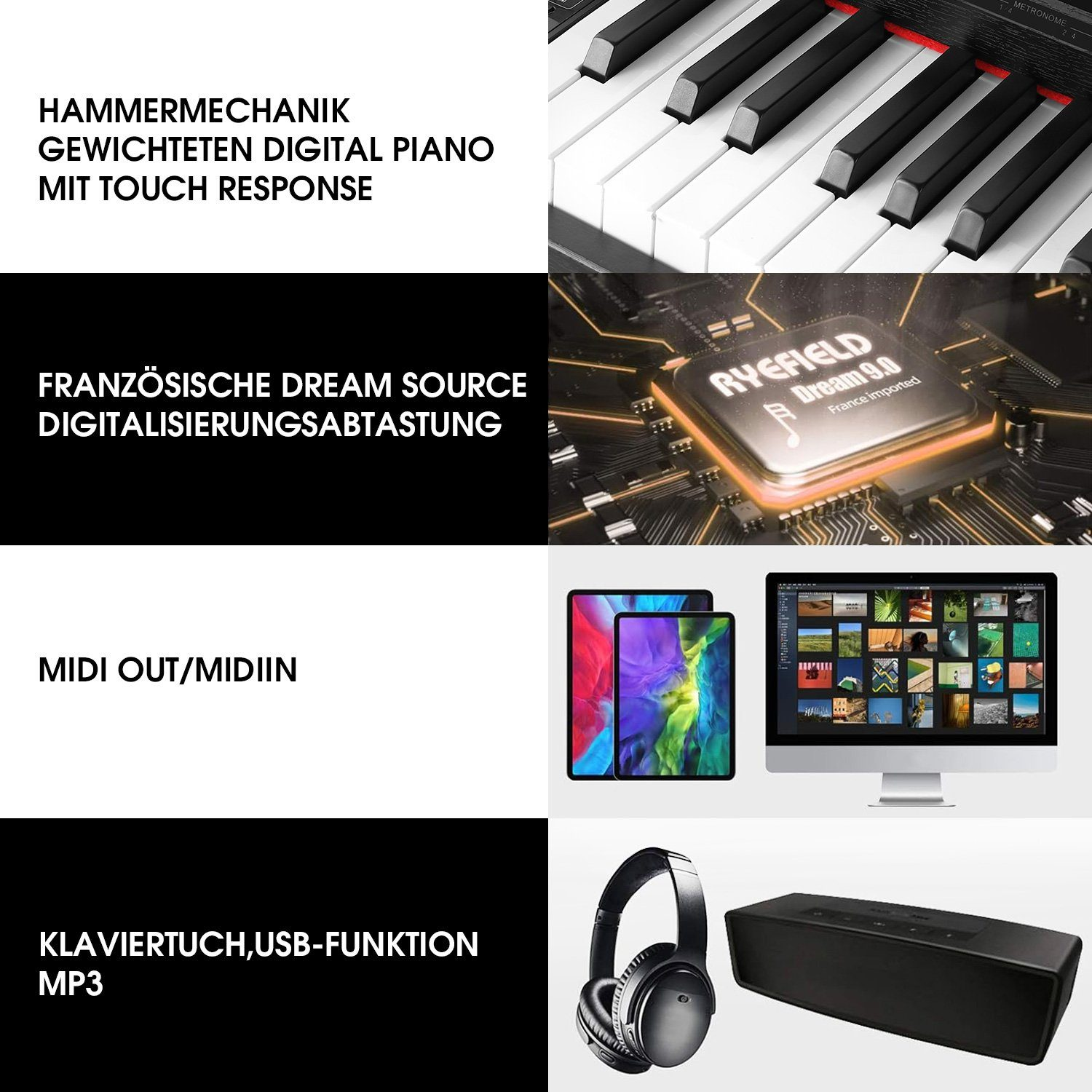 Eine digitale Klaviatur, eine Leiterplatte, ein Tablet und ein Computerbildschirm, Kopfhörer und ein Lautsprecher sind abgebildet.