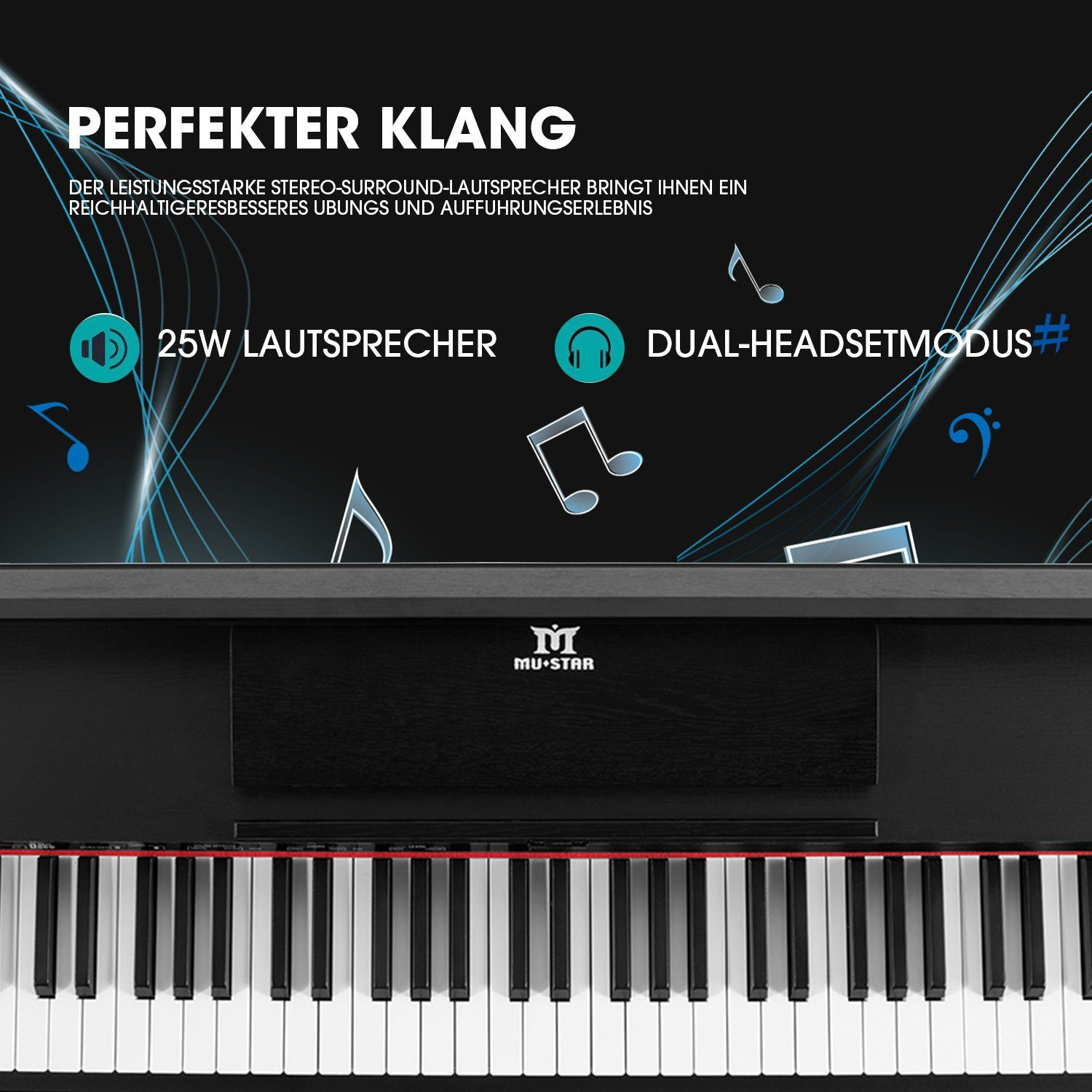 Ein Klavier mit schwarz-weißen Tasten. Text enthält 'PERFEKTER KLANG', '25W LAUTSPRECHER' und 'DUAL-HEADSETMODUS'.