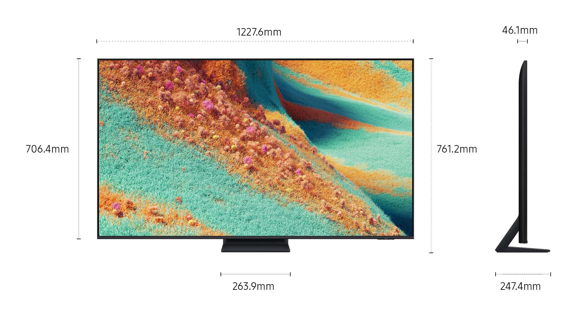 Uno schermo TV con dimensioni. Lo schermo mostra arte astratta con colori arancione, verde e rosa. La TV è nera.
