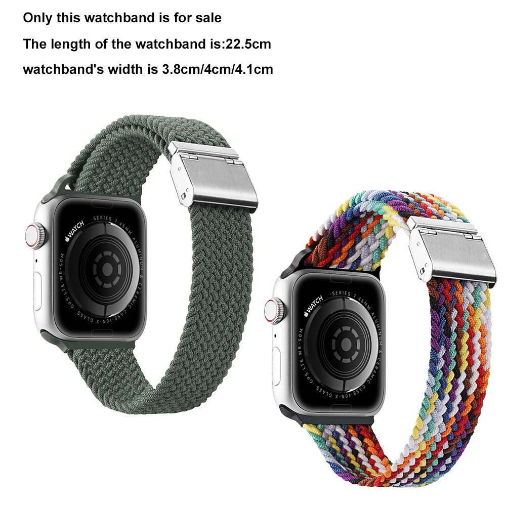Zwei Smartwatches mit Armbändern. Eine ist grün, die andere mehrfarbig. Text sagt, die Armbandlänge beträgt 22,5 cm, die Breite 3,8 cm/4 cm/4,1 cm.