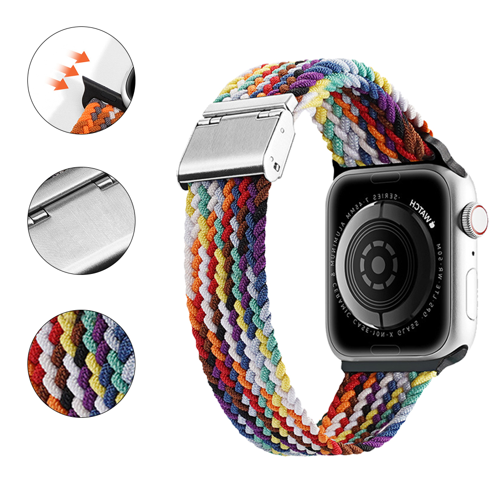Eine Apple Watch mit einem geflochtenen, mehrfarbigen Armband. Nahaufnahmen zeigen den Verschluss und die Befestigungsdetails.