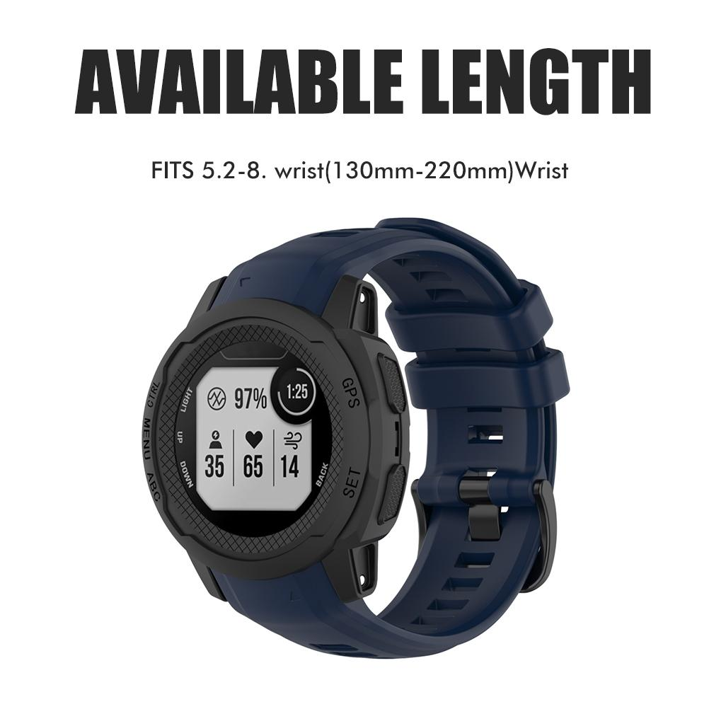 Dunkelblaue Smartwatch mit schwarzer Lünette zeigt 97 % Akku, Uhrzeit und Gesundheitsmetriken. Text: 'AVAILABLE LENGTH'.