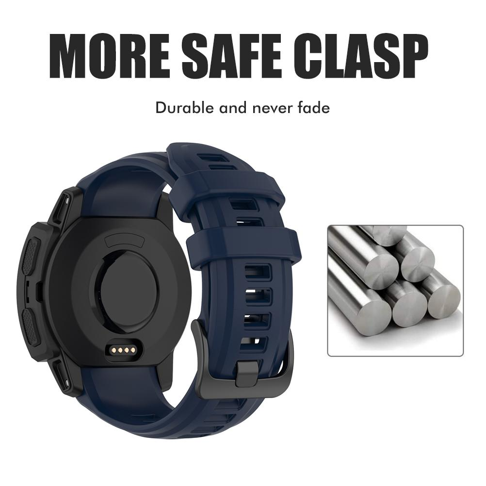Eine dunkelblaue Smartwatch mit Verschluss wird gezeigt. Darüber steht der Text "MORE SAFE CLASP". Daneben befinden sich silberne Metallstangen.