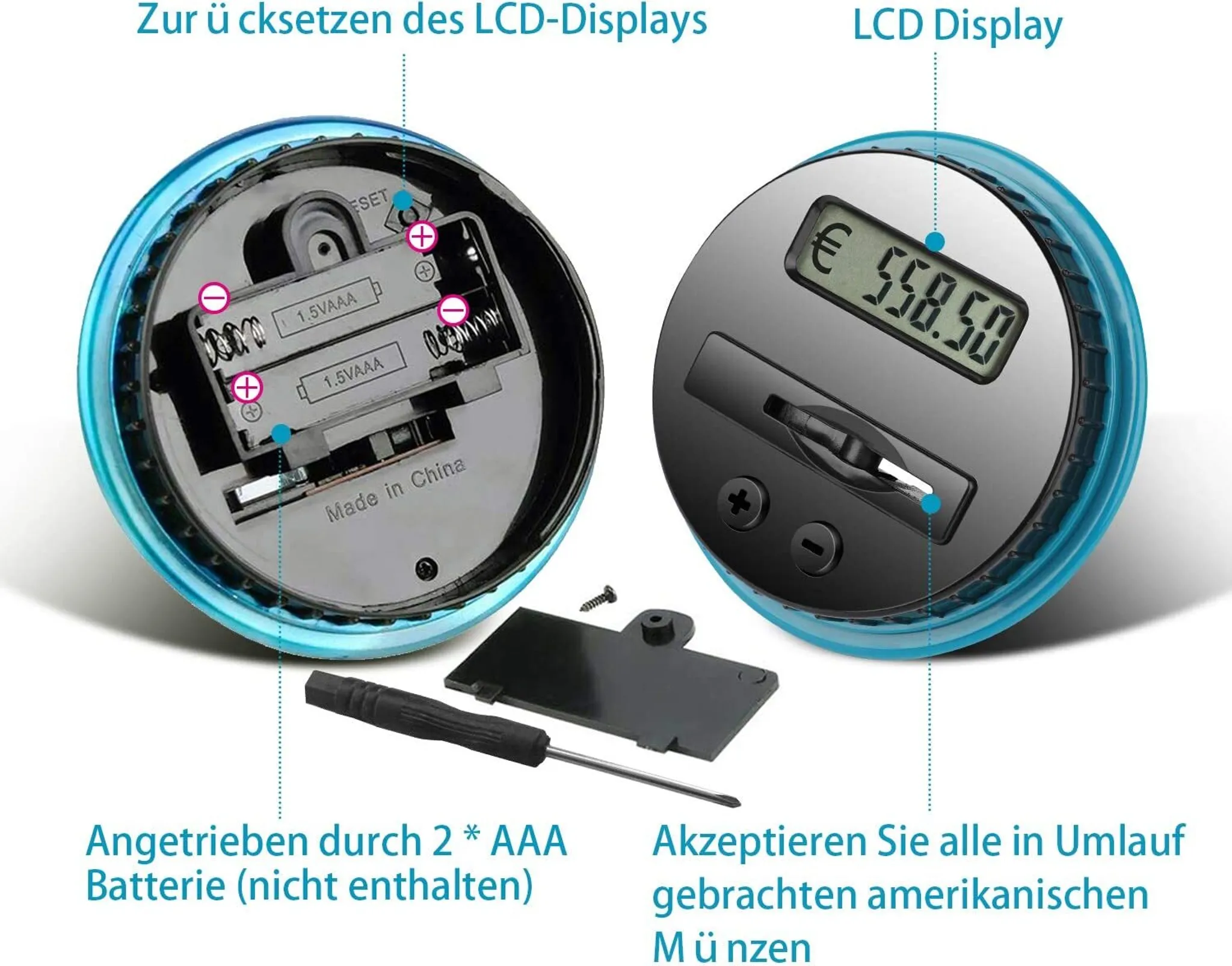 Offener digitaler Münzzähler mit LCD. Eine Seite zeigt Batterien, die andere den Münzwert und eine Münzöffnung.