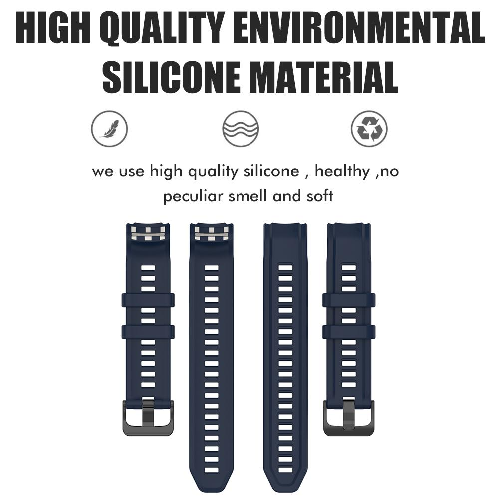 Das Bild zeigt dunkelblaue Silikon-Armbänder. Der Text lautet 'Hochwertiges Umwelt-Silikonmaterial' und weitere Details.
