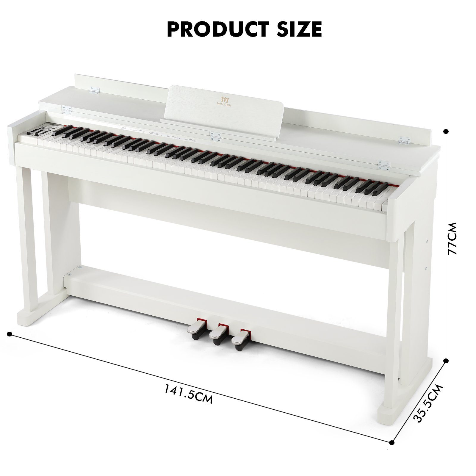 Weißes Digitalpiano mit schwarzen Tasten. Abmessungen: 141,5 cm lang, 77 cm hoch, 35,5 cm breit. Drei Pedale sichtbar.