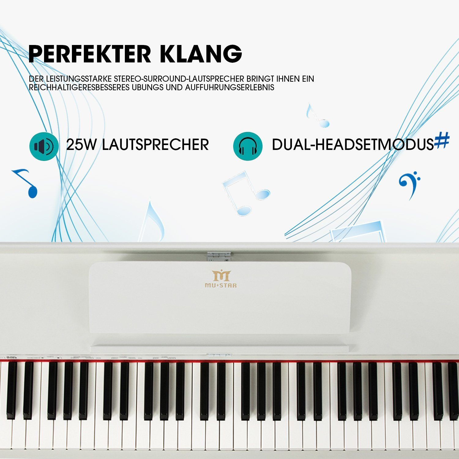 Ein weißes Klavier mit schwarzen und weißen Tasten. Text enthält 'PERFEKTER KLANG', '25W LAUTSPRECHER' und 'DUAL-HEADSETMODUS#'.