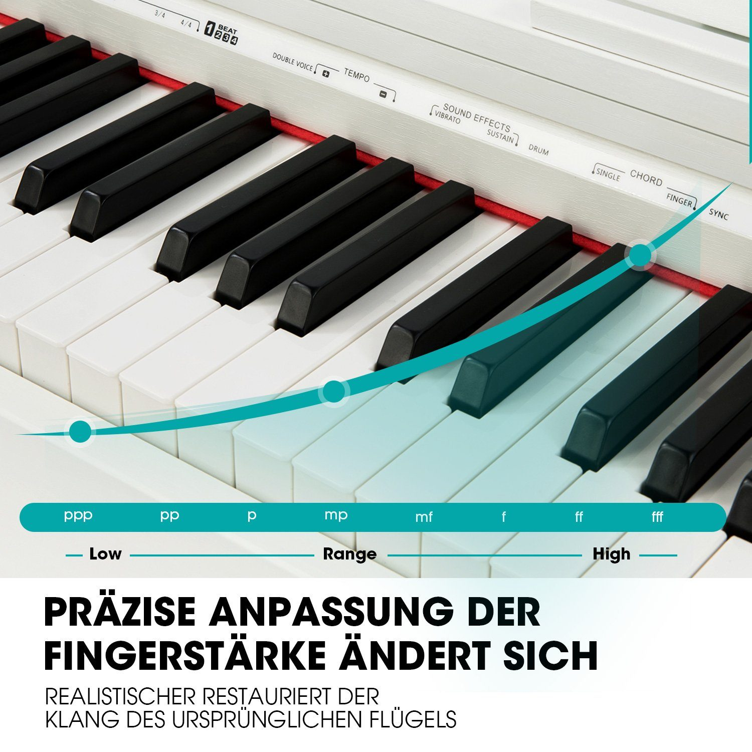 Nahaufnahme einer Klaviatur mit schwarzen und weißen Tasten. Text zeigt die Fingerstärkenanpassung und den Bereich von niedrig bis hoch.