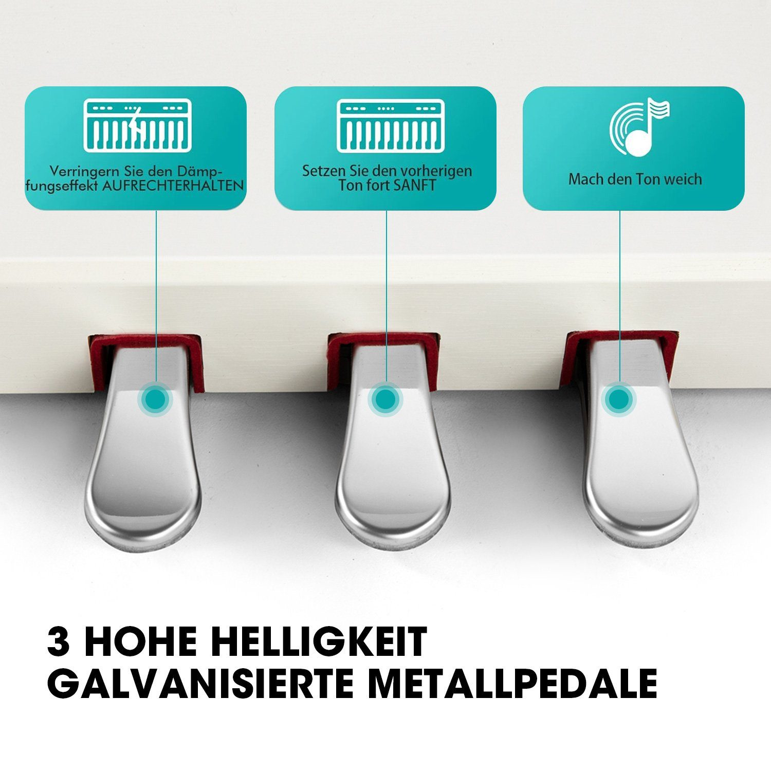 Drei glänzende Metall-Klavierpedale mit Anweisungen. Text: 'Dämpfung reduzieren', 'sanft halten', 'den Ton weich machen'.