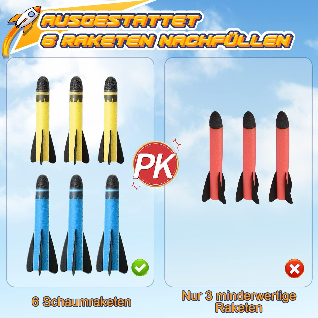 Das Bild zeigt Spielzeugraketen in Gelb, Blau und Rot. Text besagt, dass 6 Schaumraketen gut sind, 3 minderwertige Raketen schlecht.