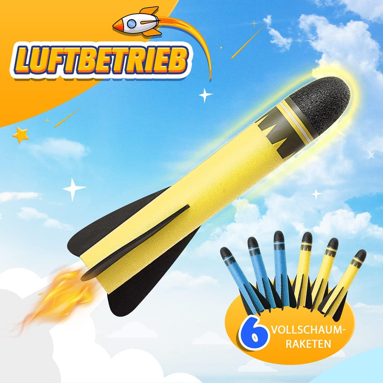 Eine gelb-schwarze Rakete mit Feuer-Spur vor blauem Himmel. Sechs Schaumstoffraketen unten rechts.