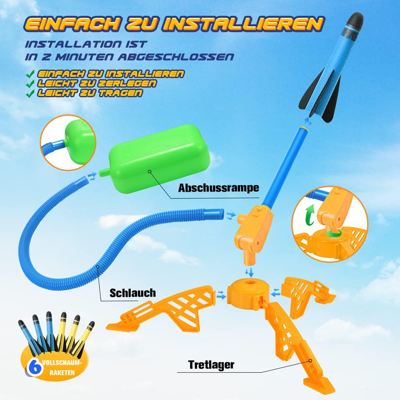 Zerlegter Spielzeug-Raketenwerfer mit beschrifteten Teilen. Eine blaue Rakete, eine orangefarbene Basis, ein grüner Tank, ein blauer Schlauch und sechs Schaumstoffraketen.
