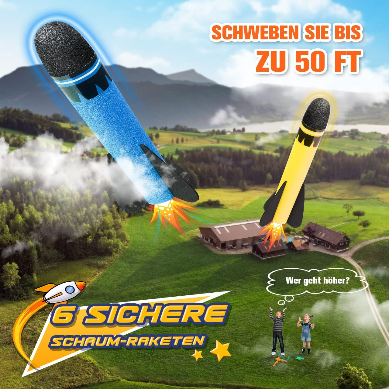 Zwei Spielzeugraketen starten über einem grünen Feld mit Häusern. Zwei Kinder schauen nach oben. Text: Fliegen Sie bis zu 50 Fuß. 6 sichere Schaumraketen.