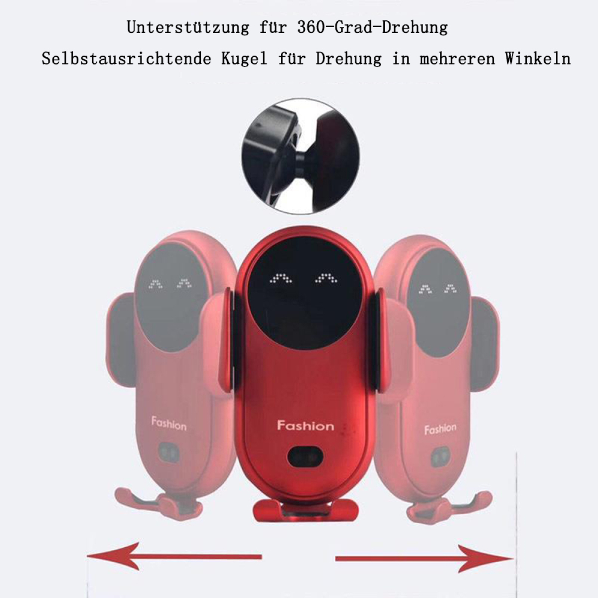 Ein roter Telefonhalter mit drei Einheiten. Pfeile zeigen die 360-Grad-Drehung an. Der Text oben besagt 360-Grad-Unterstützung und selbstjustierenden Ball.