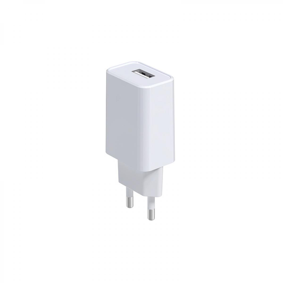 Ein weißes Ladegerät mit USB-Anschluss oben und zwei Stiften unten für eine Steckdose, isoliert auf Weiß.