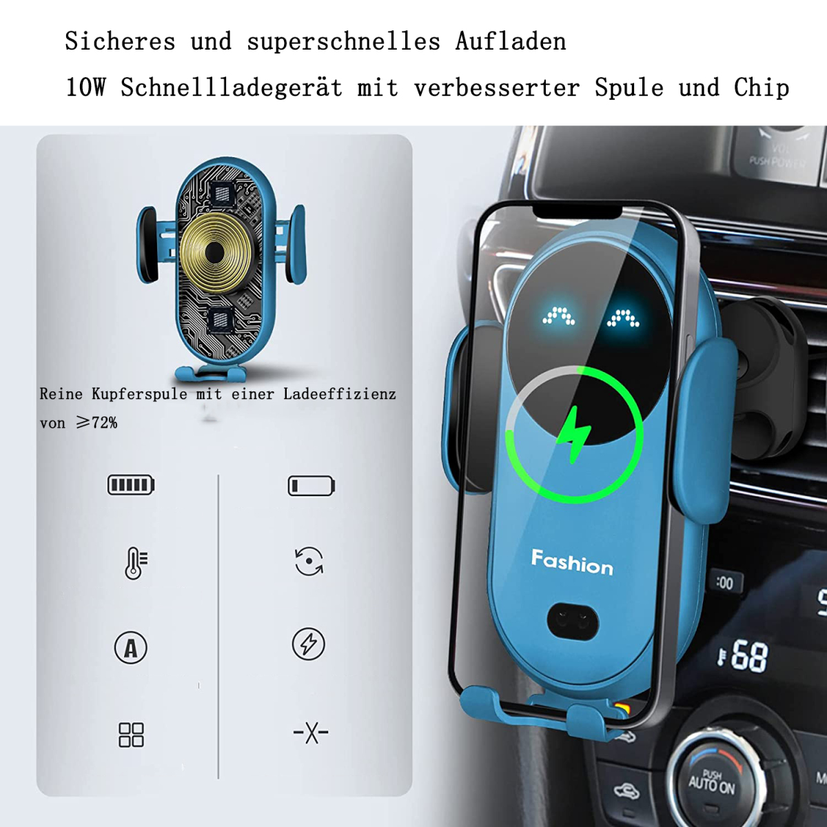 Blauer Telefonhalter mit Ladetelefon. Text auf dem Telefon: 'Fashion'. Text: 'Sicheres und superschnelles Aufladen'.