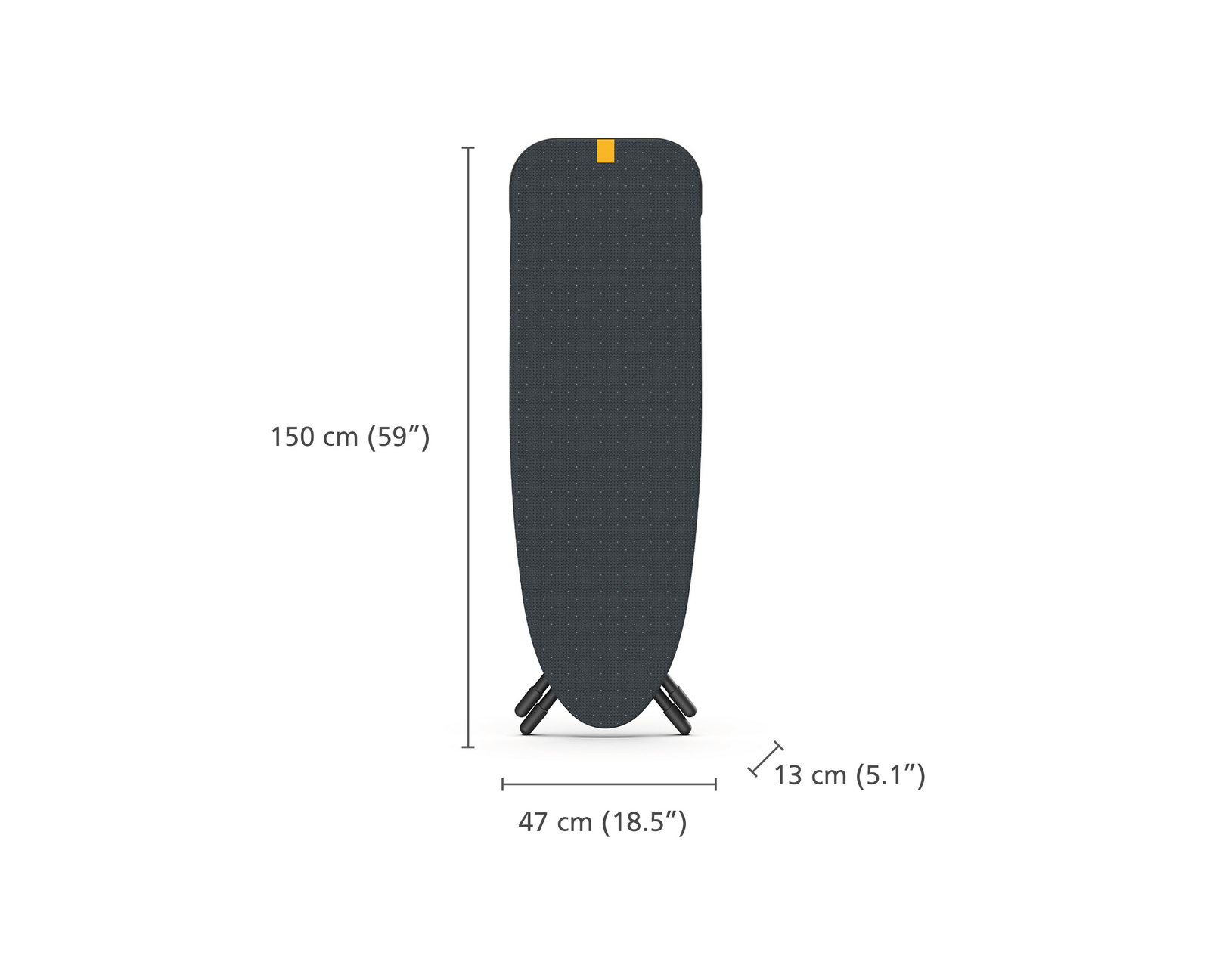 Ein Bügelbrett, dunkelgrau mit weißen Punkten, steht aufrecht. Abmessungen: 150 cm (59 Zoll), 47 cm (18,5 Zoll), 13 cm (5,1 Zoll).