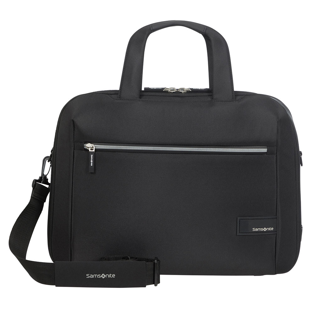 Una valigetta Samsonite nera con manico, tracolla e cerniere multiple. Presenta il logo Samsonite.