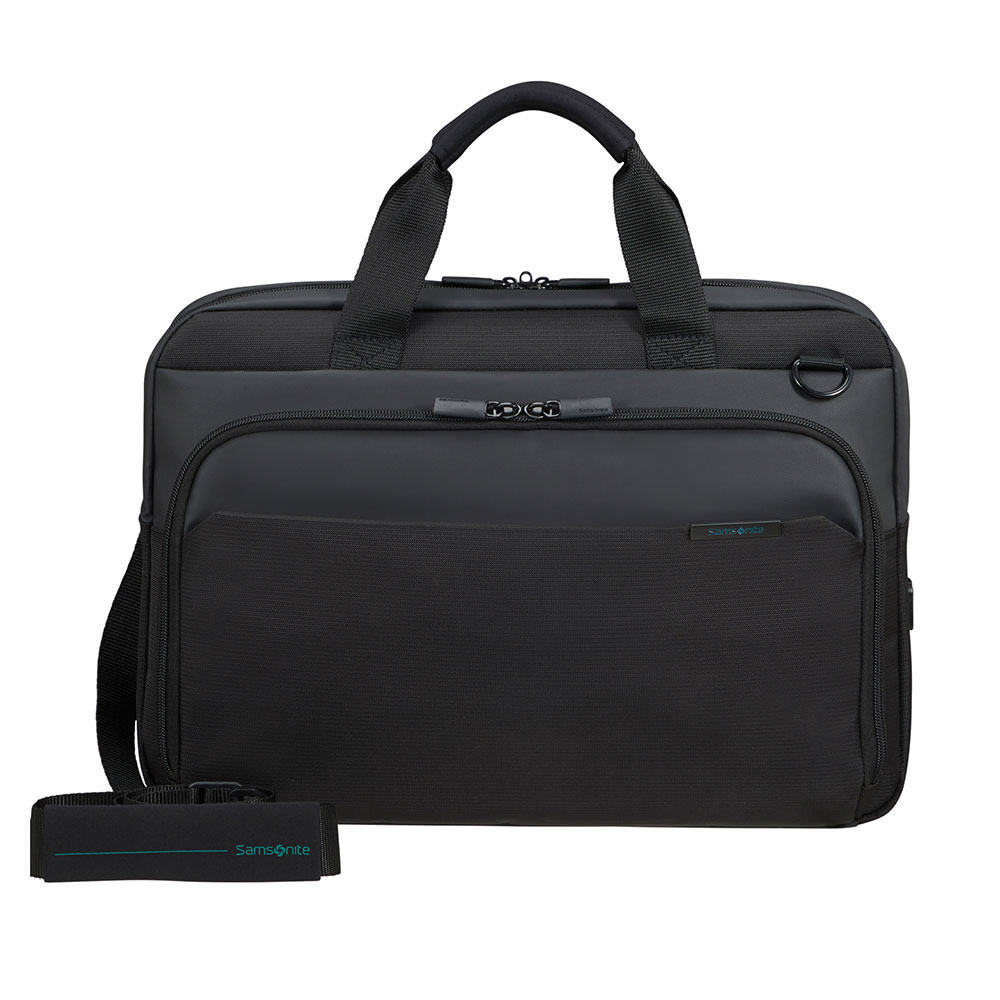 Valigetta Samsonite nera con manico, tracolla e logo. Dotata di tasca frontale e chiusura a zip.