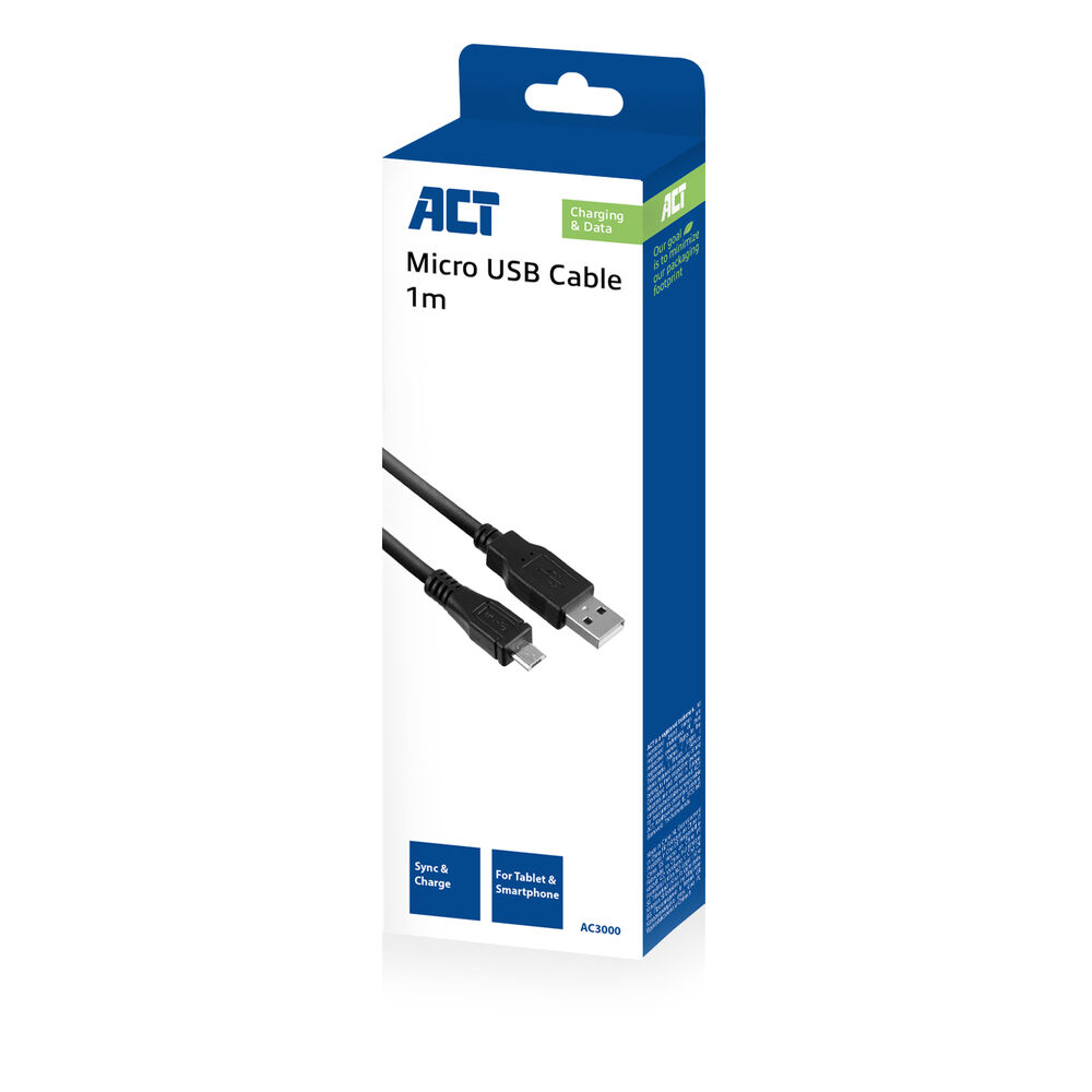 Een witte doos met een zwarte USB-kabel. Tekst bevat 'ACT', 'Micro USB Cable' en 'Charging & Data'. De doos is blauw en wit.