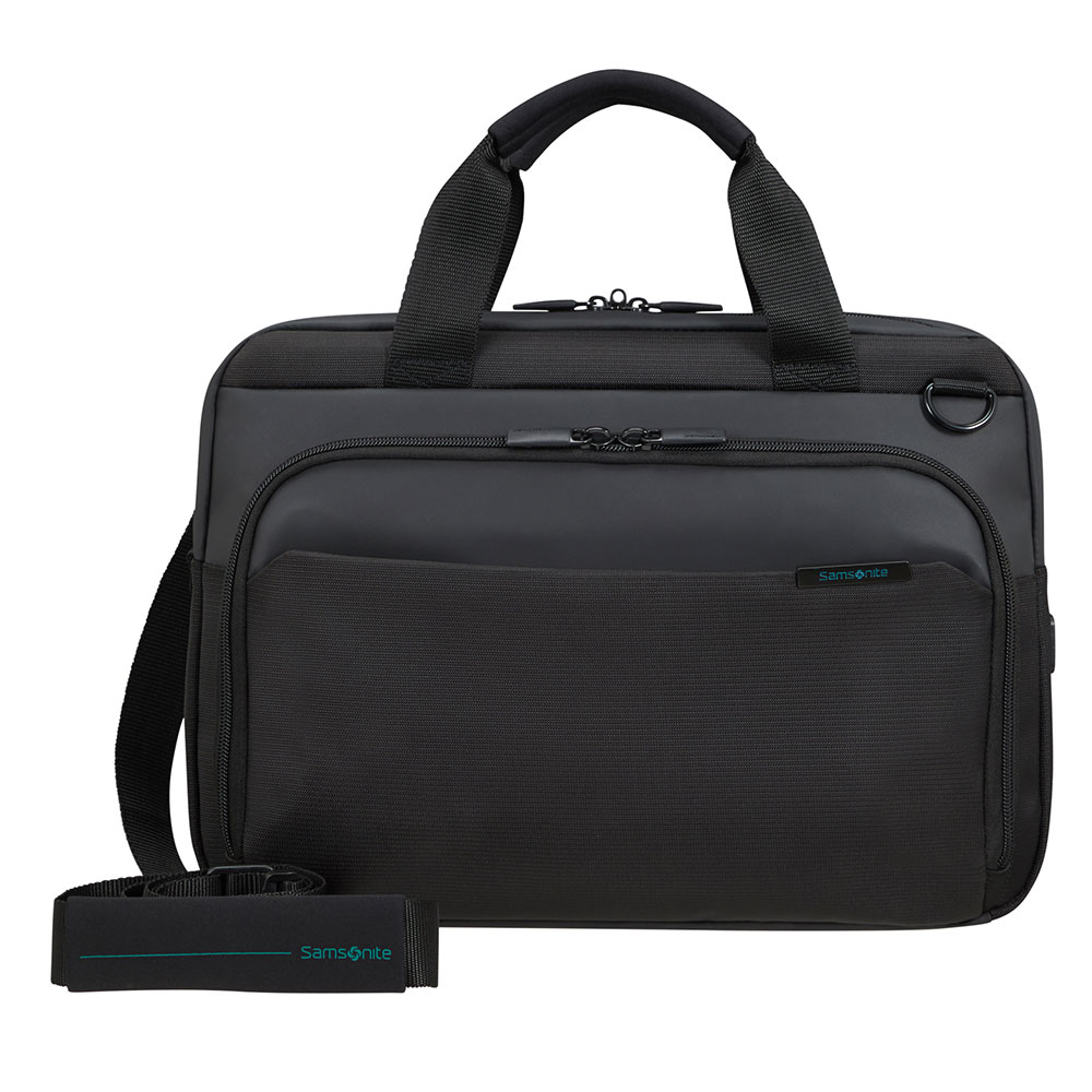 Una valigetta Samsonite nera con manico, tracolla e tasca frontale. Il logo Samsonite è visibile.