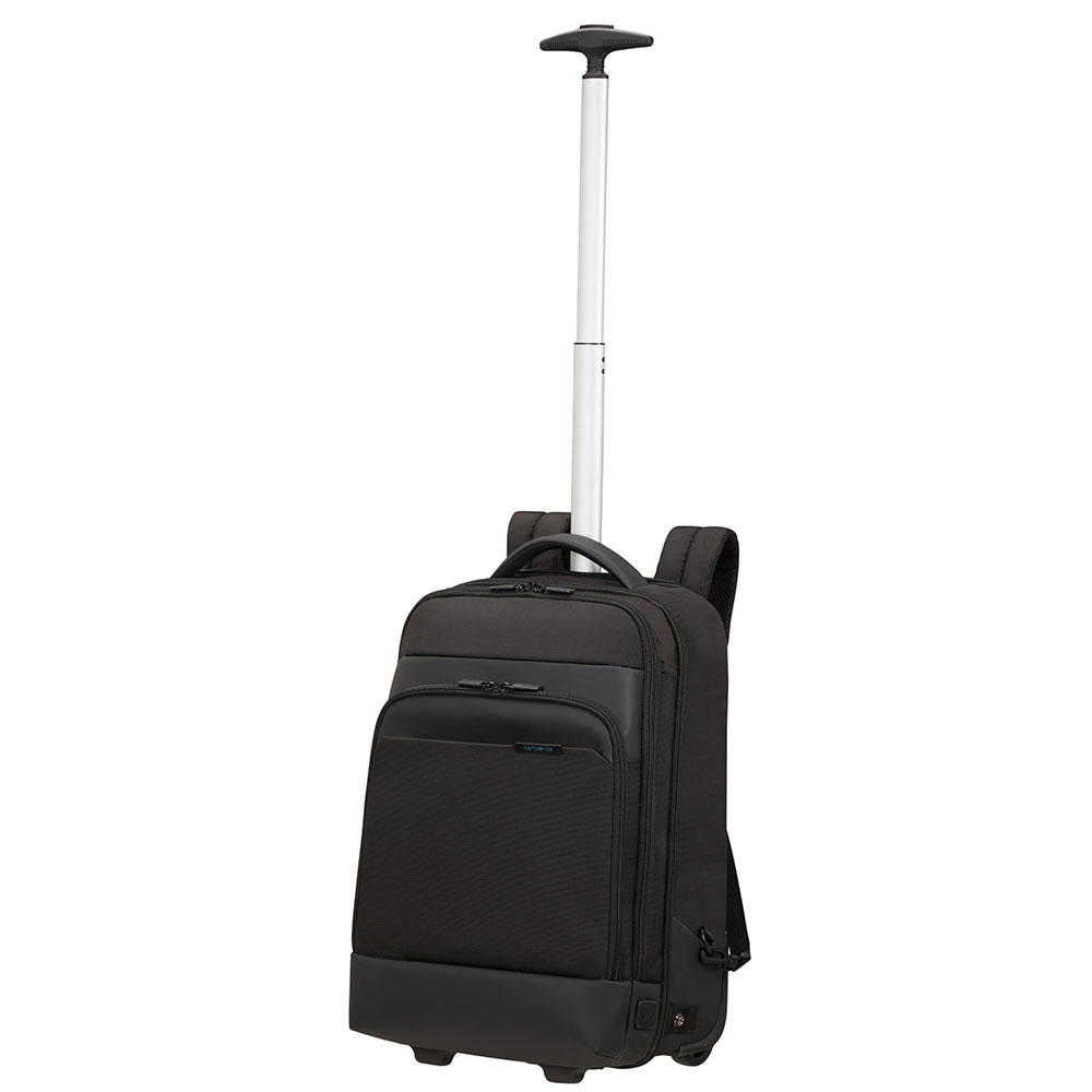 Schwarzer Rucksack mit Rollen und Teleskopgriff. Die Tasche hat ein Hauptfach und eine Vordertasche. Der Griff ist ausgezogen.