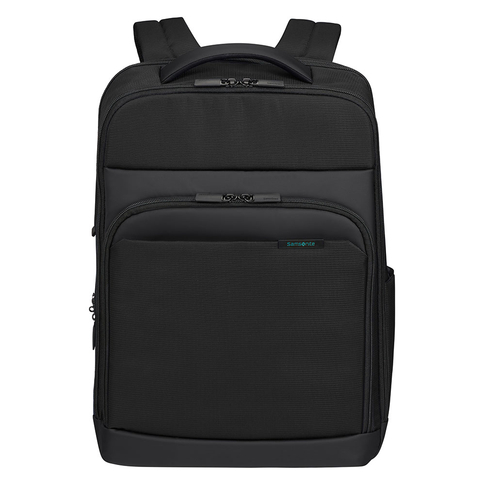 Ein schwarzer Samsonite-Rucksack. Er hat ein Hauptfach, eine Vordertasche und einen Griff oben. Das Logo ist vorne.