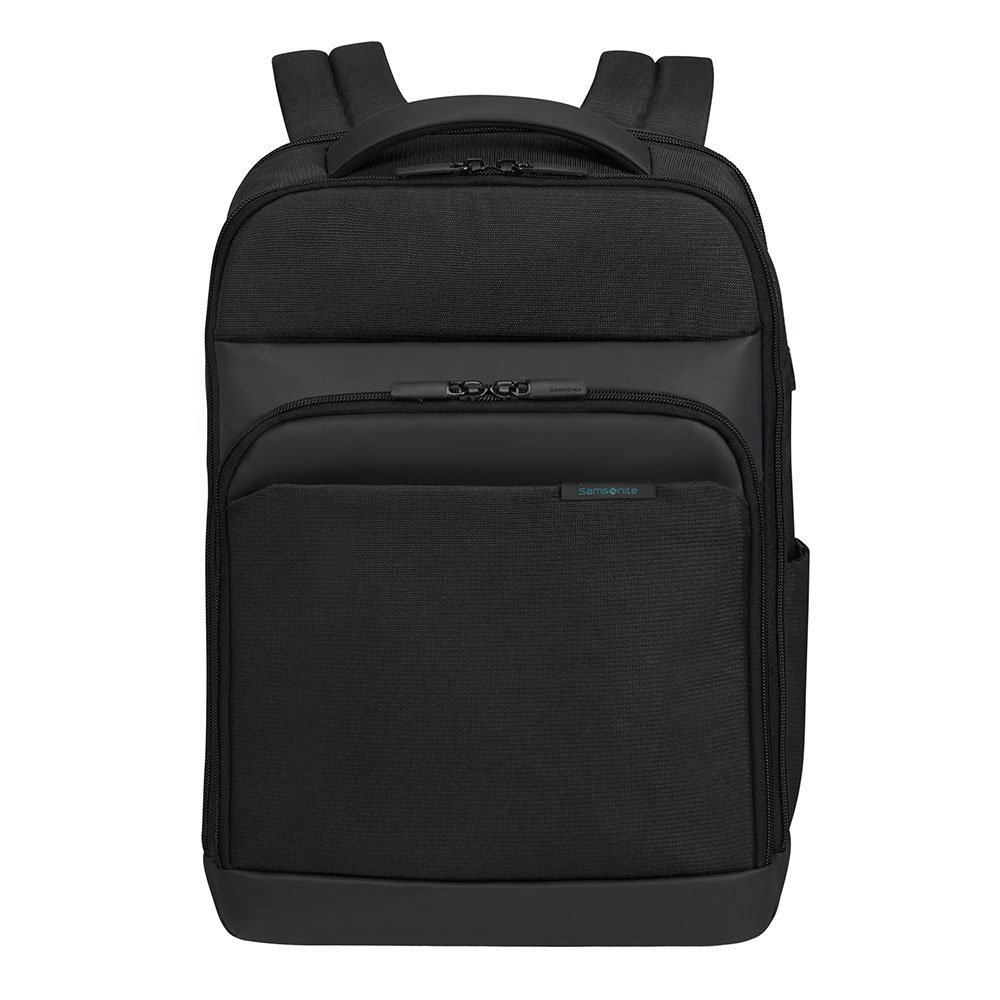 Ein schwarzer Samsonite-Rucksack. Er hat einen Griff, Schultergurte und mehrere Fächer. Der Markenname ist auf der Vorderseite sichtbar.