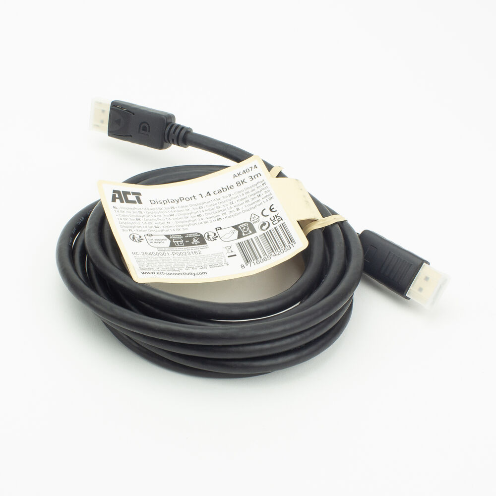 Ein aufgerolltes schwarzes DisplayPort 1.4-Kabel mit Steckern an jedem Ende und einem Etikett. Das Etikett zeigt 8K-Auflösung und 3m Länge an.