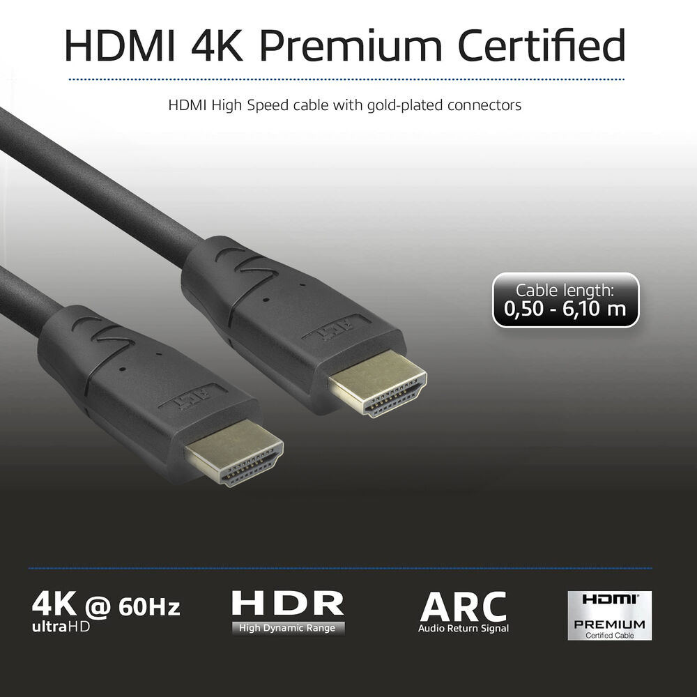 Zwarte HDMI-kabel met vergulde connectoren. Kenmerken: 4K, HDR en ARC. Kabellengte: 0,50 - 6,10 m.