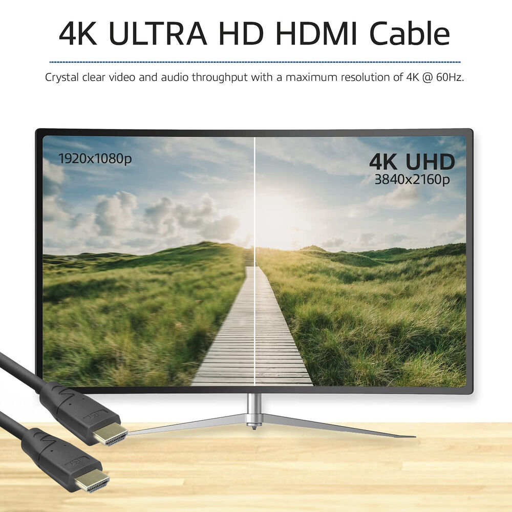 HDMI-kabel met een monitor die een landschap toont, verdeeld over 1920x1080p en 4K UHD 3840x2160p.