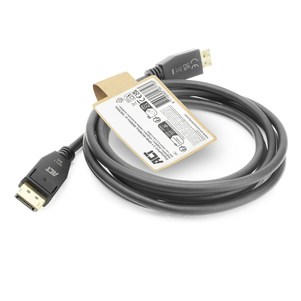 Graues DisplayPort-Kabel mit Etikett. Das Kabel ist aufgerollt. An beiden Enden befinden sich Anschlüsse. Das Etikett hat Text und Symbole.