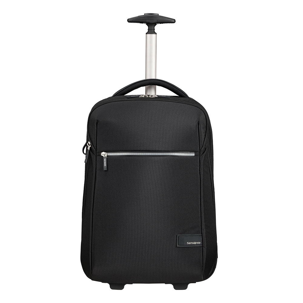 Ein schwarzer Samsonite-Rollkoffer mit ausziehbarem Griff. Die Tasche hat einen silbernen Reißverschluss und das Samsonite-Logo.