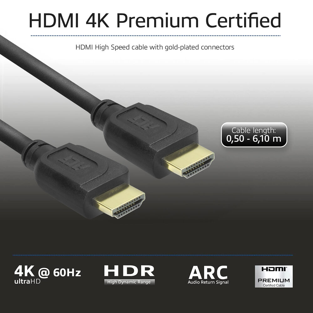 Schwarzes HDMI-Kabel mit vergoldeten Anschlüssen. Text: HDMI 4K Premium Certified, 4K@60Hz, HDR, ARC, Kabellänge: 0,50-6,10 m.