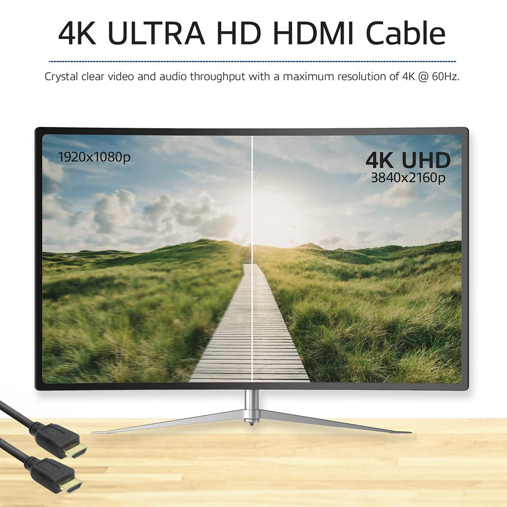 Ein Monitor zeigt Landschaftsszenen. Der Text zeigt 4K UHD HDMI-Kabel. Zwei HDMI-Kabel befinden sich unten links.